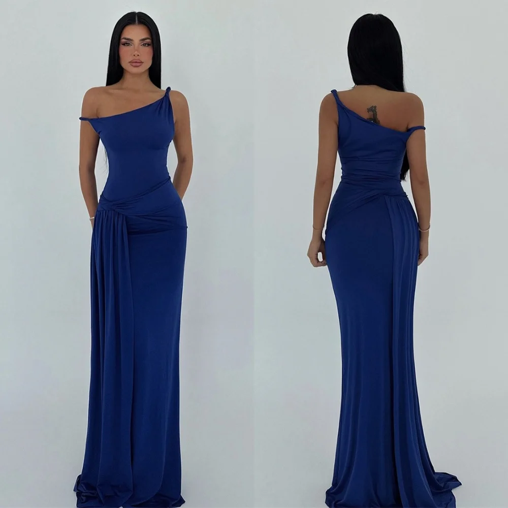 

Customized Fashion Blue Jersey Evening Dress Luxury One Shoulder Sleeveless Homecoming Dresses Romantic Vestido De Festa