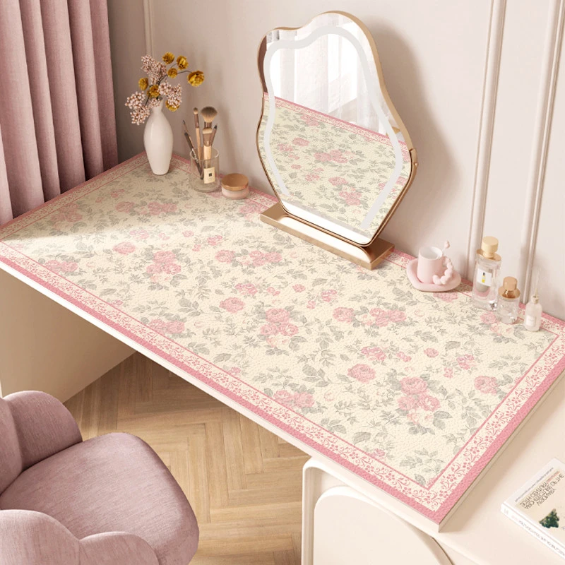 Ins Pink Strawberry Flower Pu Leather Mouse Pad Waterproof Large Desk Mat Protective Game Keyboard For Dorm & Dressing Table Mat