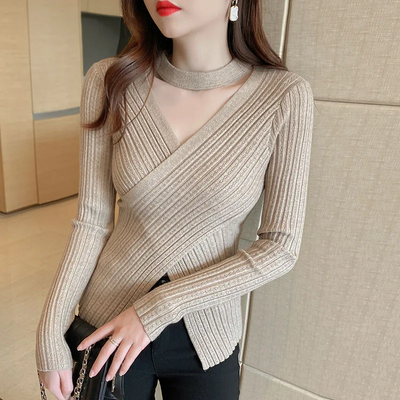 

Вязаные свитера, женские пуловеры, модные облегающие вязаные свитера с длинными рукавами и V-образным вырезом, женские топы, Sueter Feminino Q3383