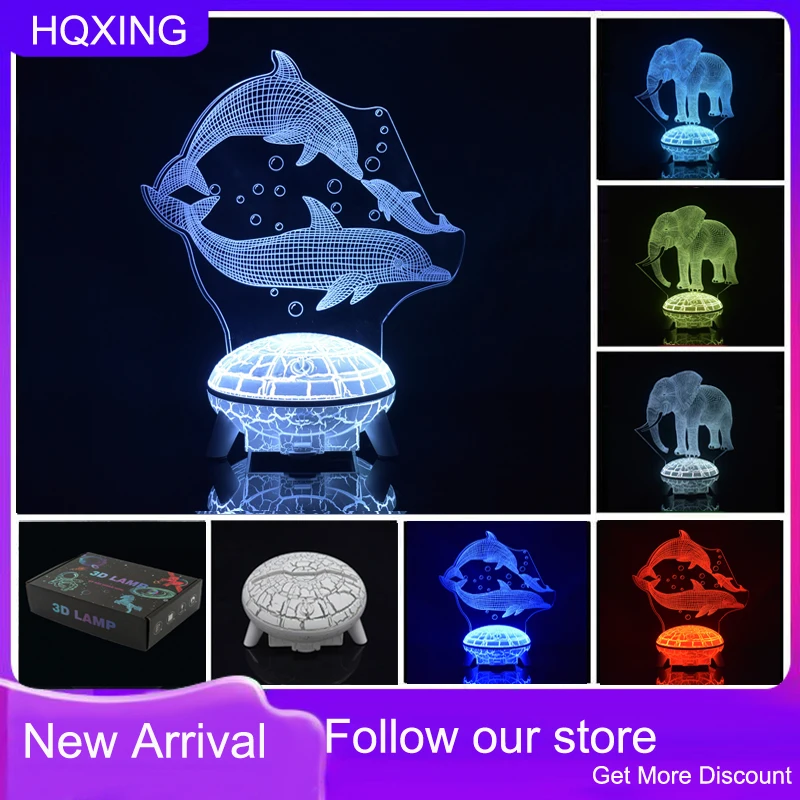 HQXING 3D Illusion Dolphin,Elephant,Unicorn Desk Lamp Touching Night Light Home Room Decoration Creative Table Lamps For Gift