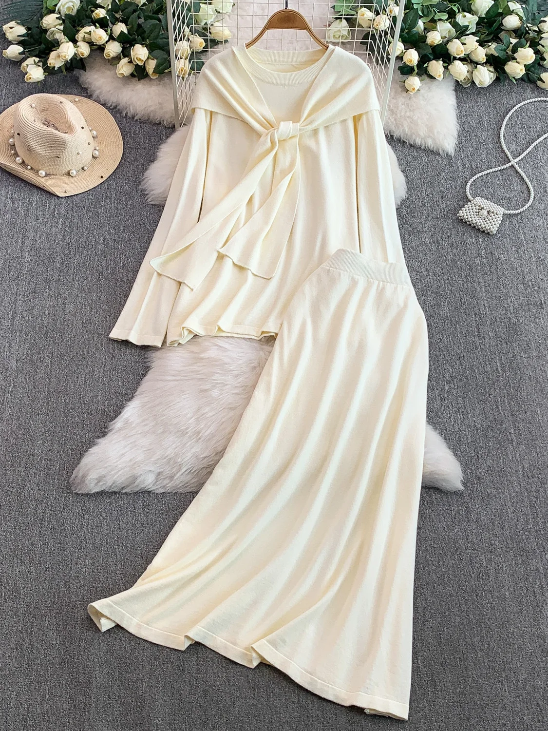 ay Simple Knitted Long Sve Hat oulder awl round Ne High Waist  Skirt Set Faionable Slimming Ensemble for Women