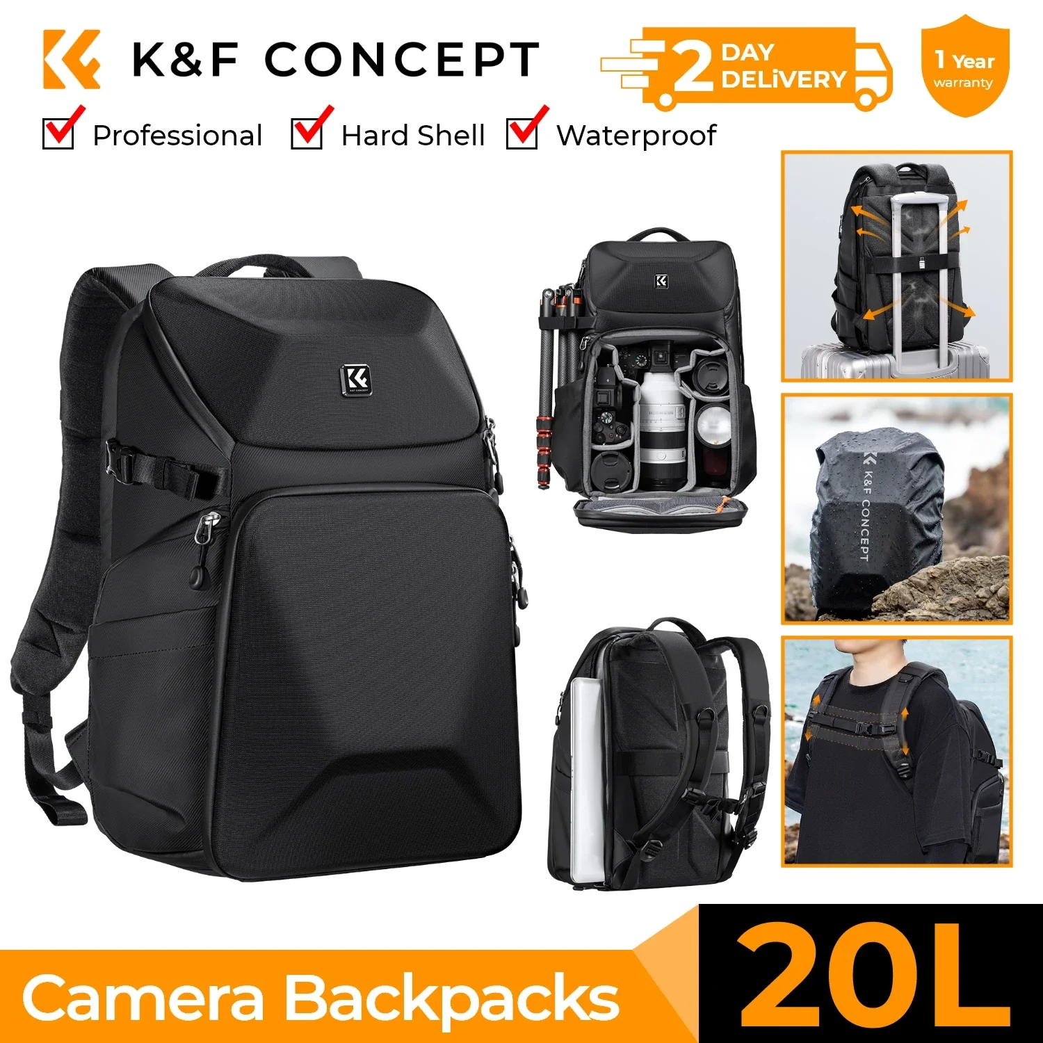 K&F CONCEPT Outdoor Sport Camera Rugzak 20L Waterdichte Front HardShell Cameratas Voor DSLR Camera/15.6" Laptop/Statiefhouder