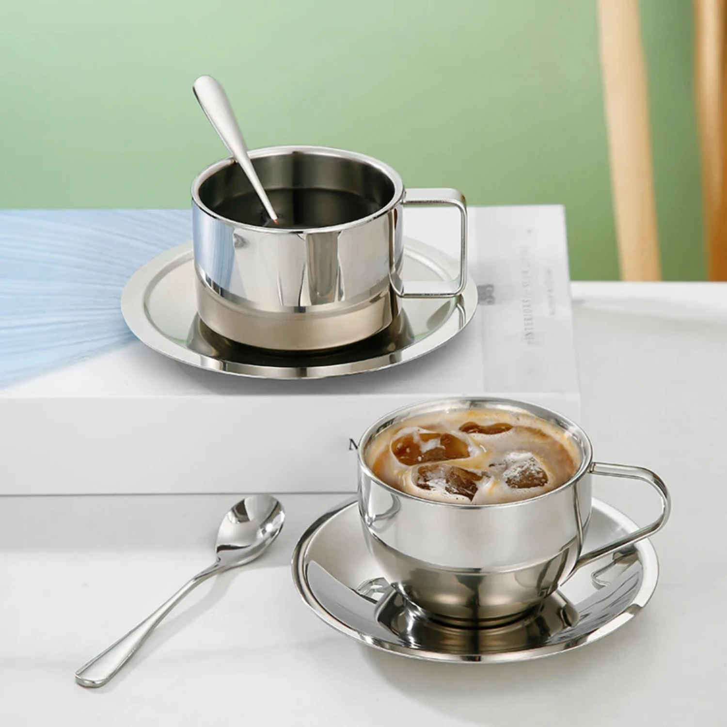 Stainless Steel Double Layer Coffee Cup Set with Plate and Spoon - 180ml/200ml, Hot Resistant Stainless Steel Tea Cup for Coffee