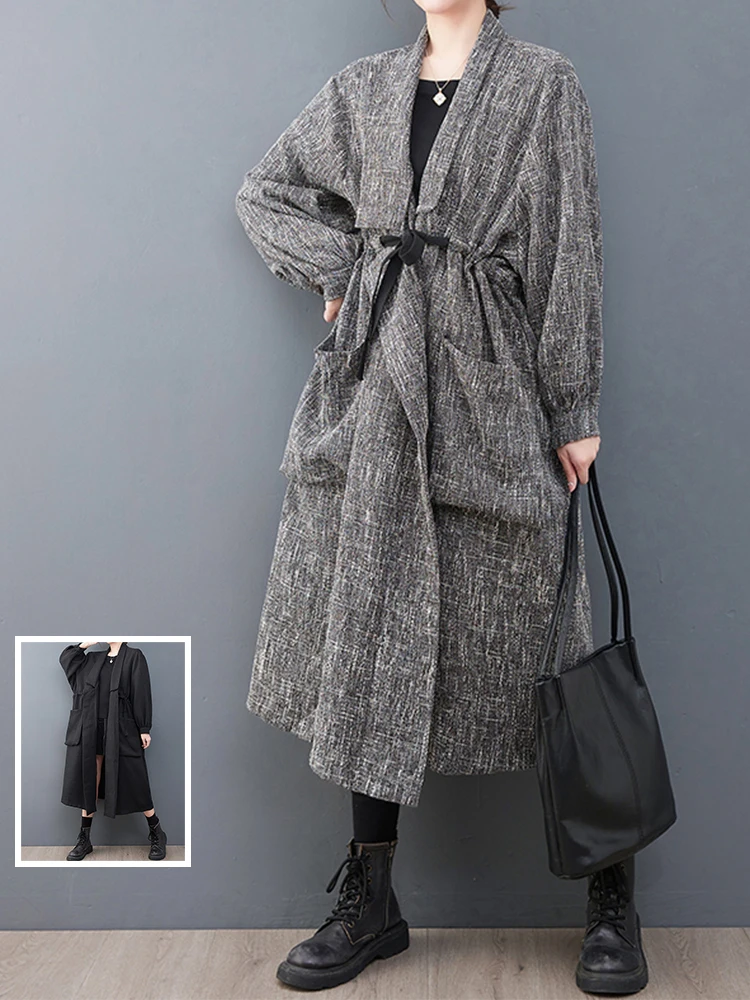 

Faionable Long Sve Long Coat Women's plus Size Coat with Big kets Turn-down Collar Ele Waist-cinching Autumn Oute...