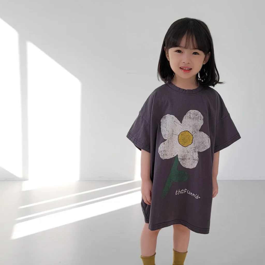 2024 Summer New Girls Short Sleeve Casual Dress Cute Flower Print Children Long T Shirts Loose Kids Princess Dress Girls Clothes