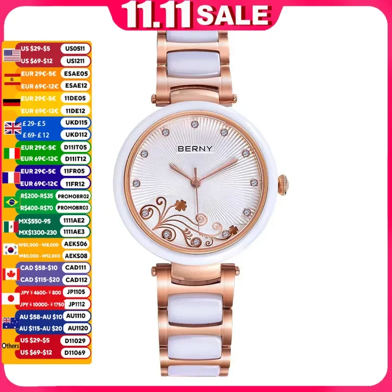 BERNY Women Watch Quartz Ceramic Band Clock Elegant Ladies Morning Glory Design Waterproof Relogio Feminino Reloj Wristwatches