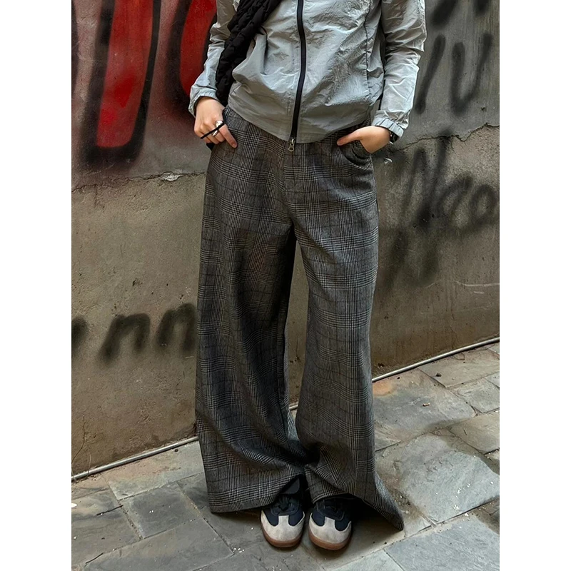 

PBAP винтажный женский костюм в клетку в клетку, драпированные твидовые длинные брюки с высокой талией, широкие брюки, повседневная уличная одежда