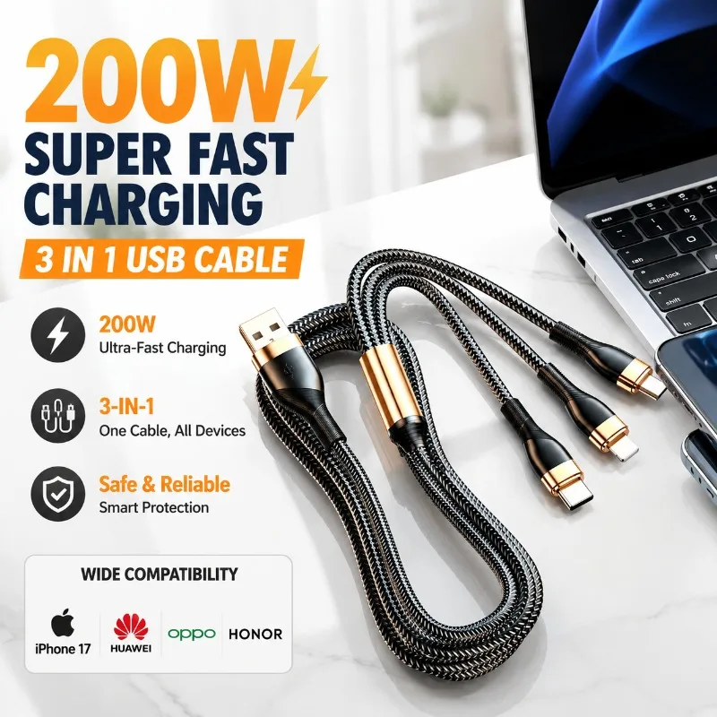 200W Ultra Rapid Multi-head Charging Wire Three-way Universal Power Cord Nylon Woven Anti-break Connector Compatible with New