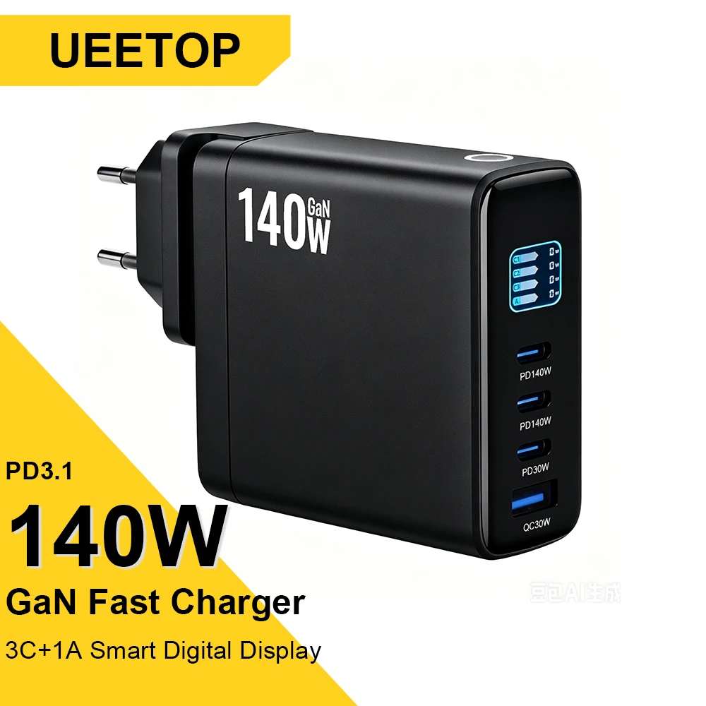 4ポート140w-gan充電器-iphone-17-16-15、xiaomi、samsung-s26、ノートパソコン対応-pd31-usb-c充電器-スマートディスプレイ搭載-急速充電