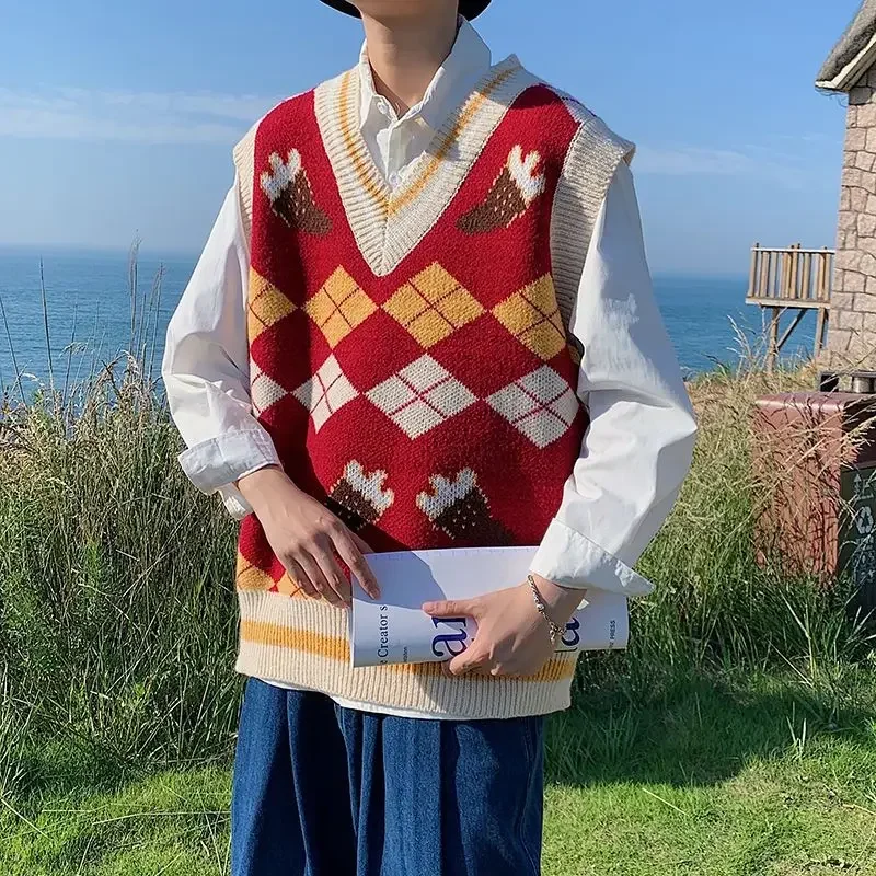 Sweater V-Neck Pria Longgar Bermotif Rompi Rajut Pria Diskon Pakaian 2025 Rompi Elegan Korea Ulasan Pakaian Murah Y2k
