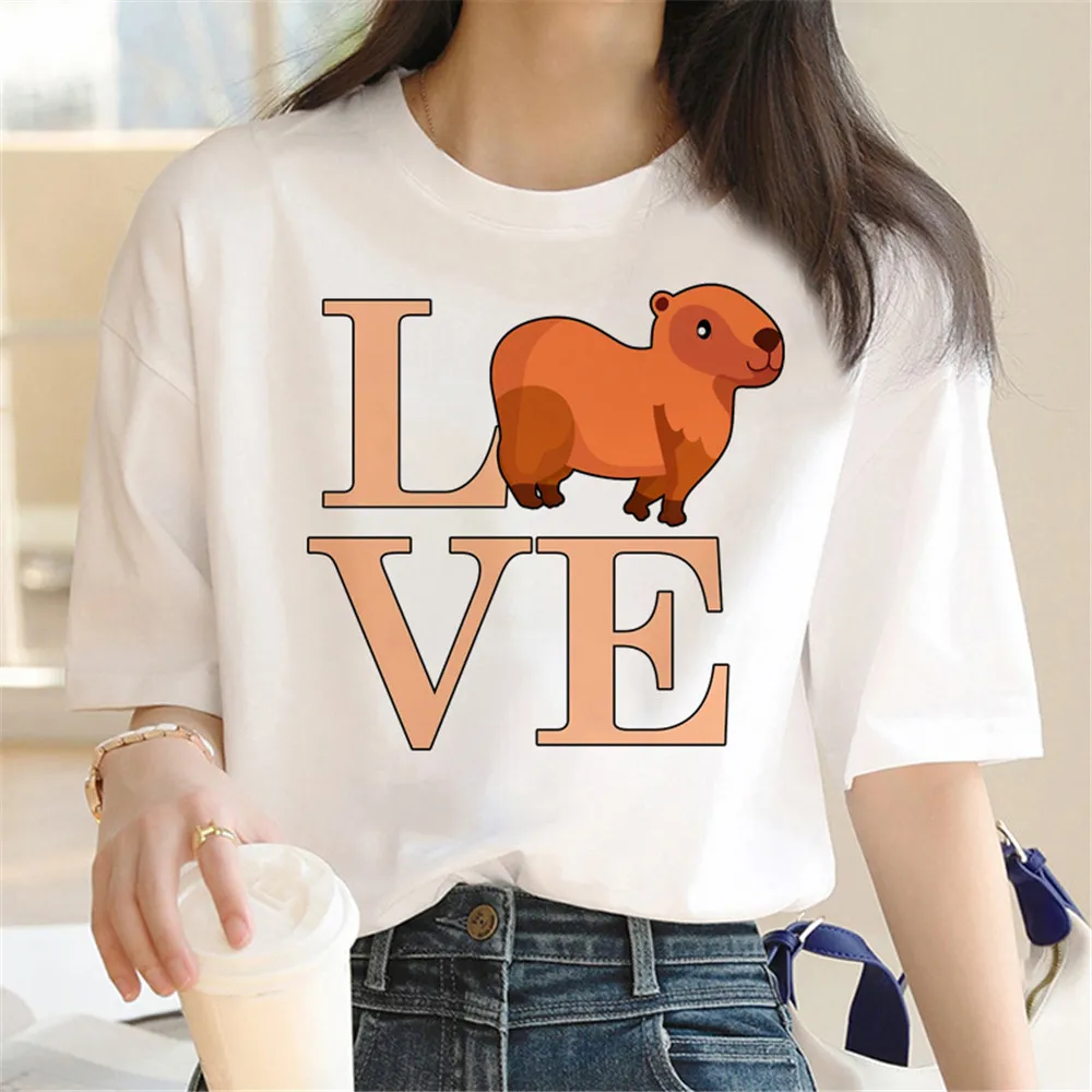 HX Funny Animal T-Shirt I Love Capybara Stickers Printed T-Shirt Summer Short Sleeve Tees Streetwear Women Clothes