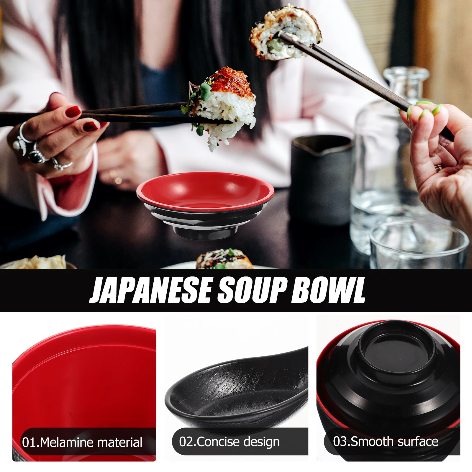 

1 set Miso Soup Bowl Japanese Style Rice Covered Smooth Surface Plastic Food Clam Bowls Restaurant Serving Entertaining