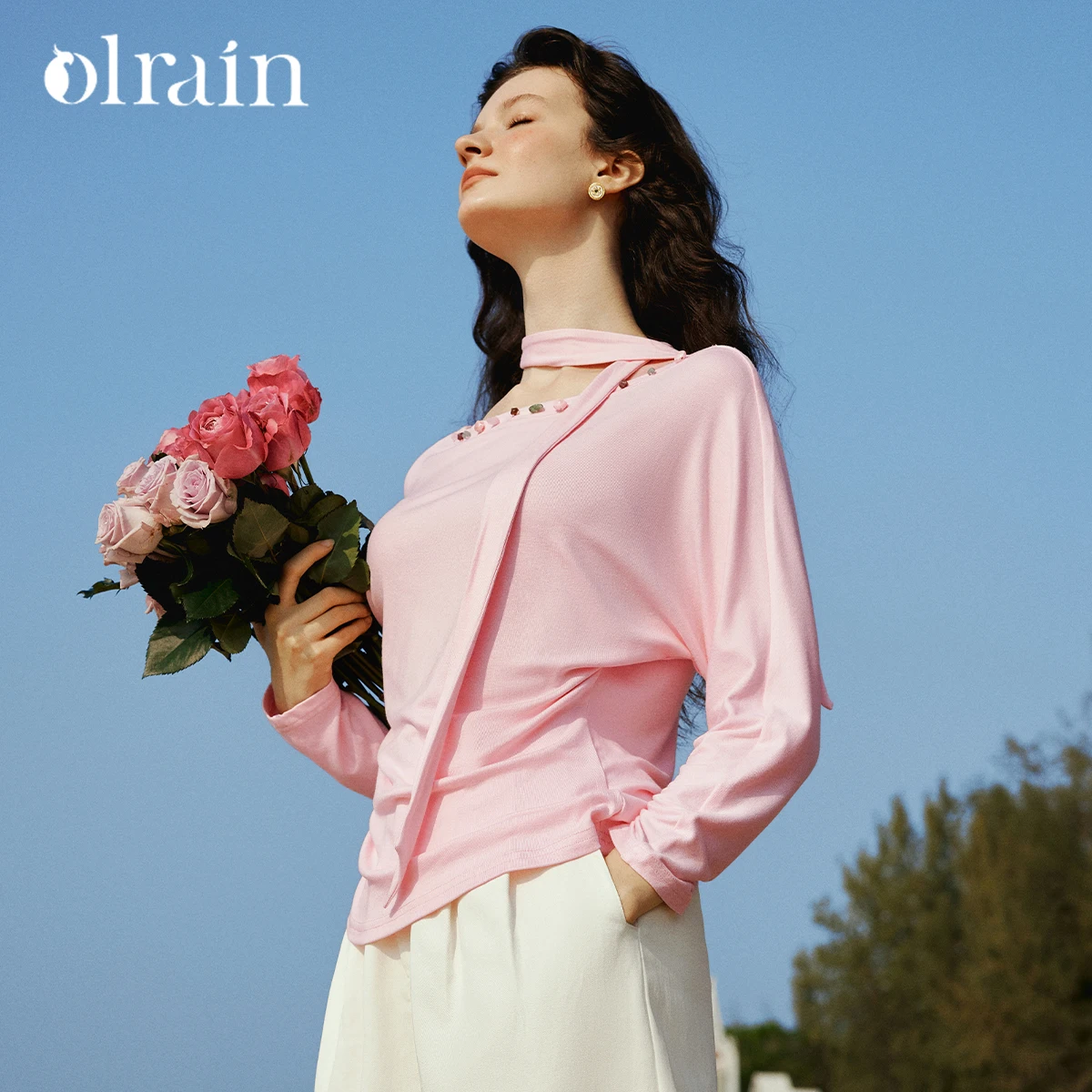 

Футболки OLrain, женские облегающие футболки 2026, весенние элегантные вязаные женские футболки с длинными рукавами, милый стиль, женские топы с завязками и поясом O58CT003139