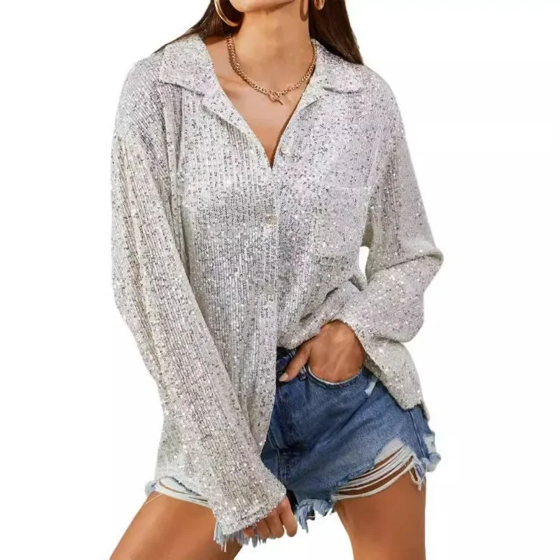 Cross-border Women's Clothing New Fashion Sequin Long-sleeved Lapel Temperament Casual Shirt Europe and The United States