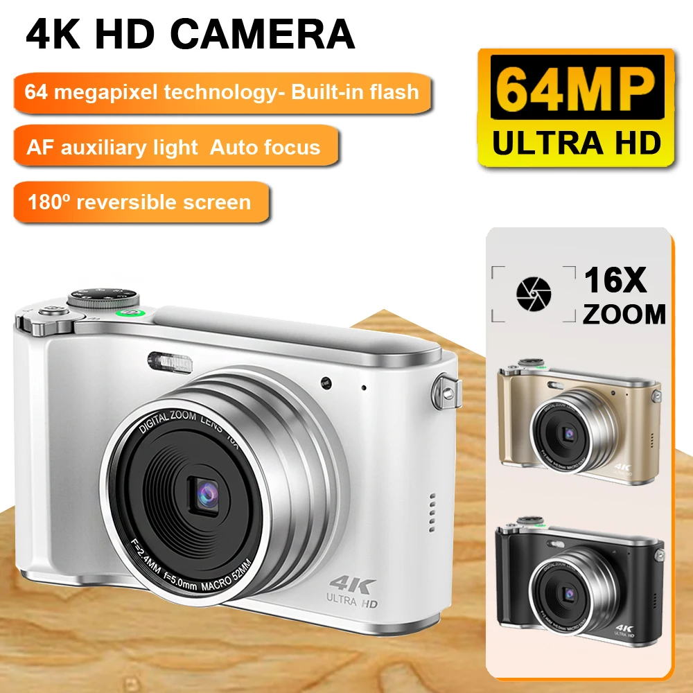 4K 16X Digital Zoom Digital Photography Camera 64MP YouTube 180° Vlog Video Recorder Flip Screen Cameras Selfile Web Cam RENEAR