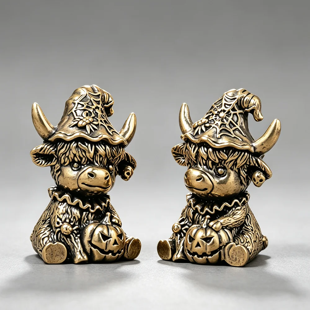 Vintage Brass Highland Cow Witch Miniature Statue Collectible Metal Ornament DIY Decoration Craft Gift for Men and Women