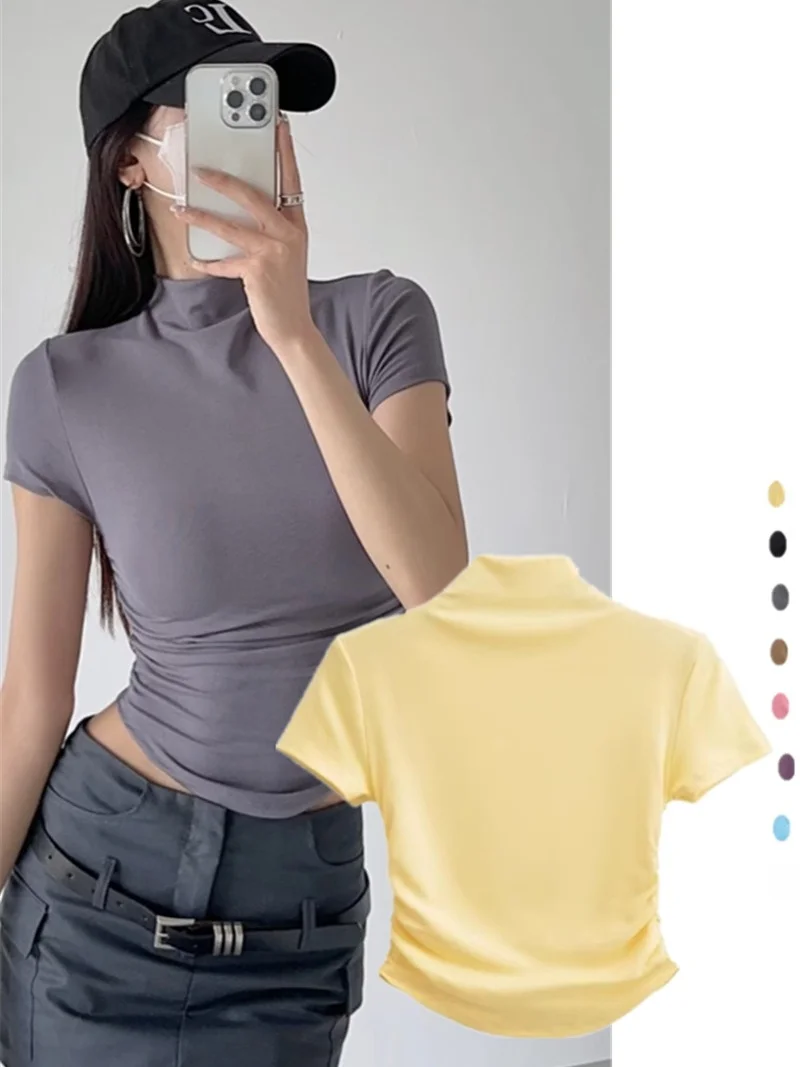 Amerykański Retro Pure Desire T-shirt z marszczeniem po bokach, dopasowany krój, letni, z odkrytym brzuchem, streetwearowy, wysoki...