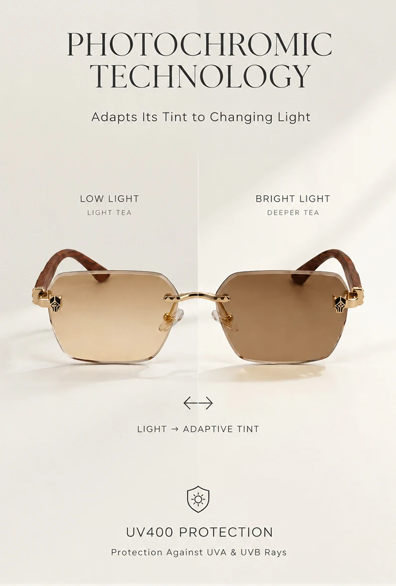 Quadratische Randlose Photochrome Sonnenbrille für Herren Vintage Sonnenbrillen 2026 Luxus Designer Shades Herren Geschnittene Gläser Rahmenlose Brillen – Detail 6