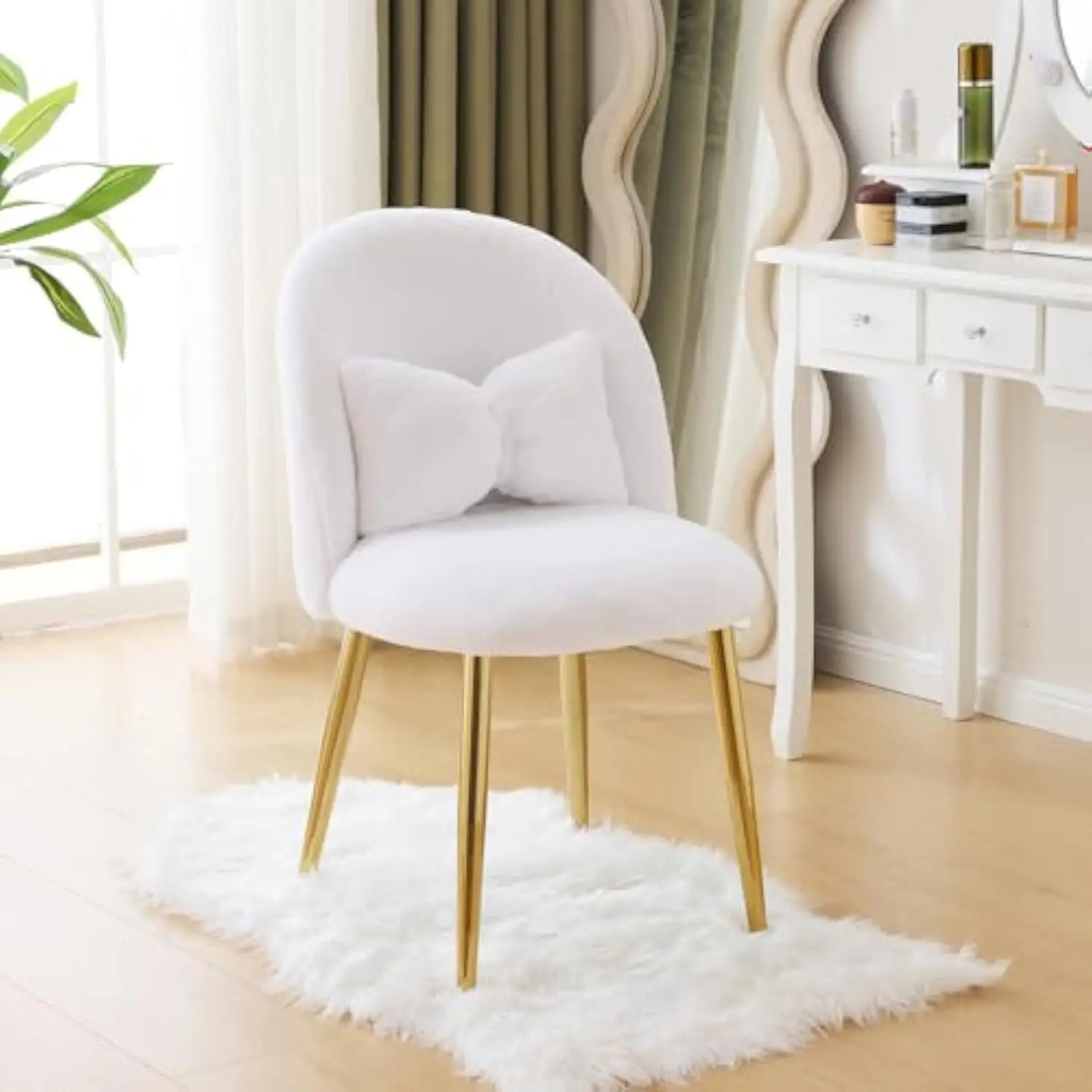 

Fluffy Girls Vanity Chair with Back & Pillow, Cute Small Cozy Desk Chair No Wheels, Comfy Makeup Ch with Ajustable Gold Legs, for