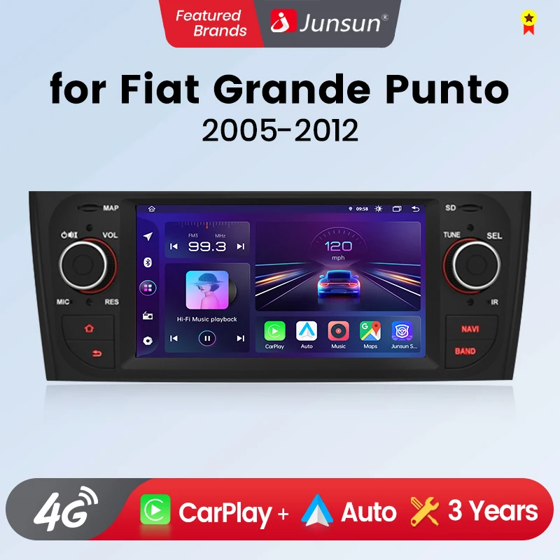 Junsun Autoradio da 6,2 pollici per Fiat Grande Punto 2005-2012 Wireless CarPlay Android Auto 2 din Multimediale intelligente 4G