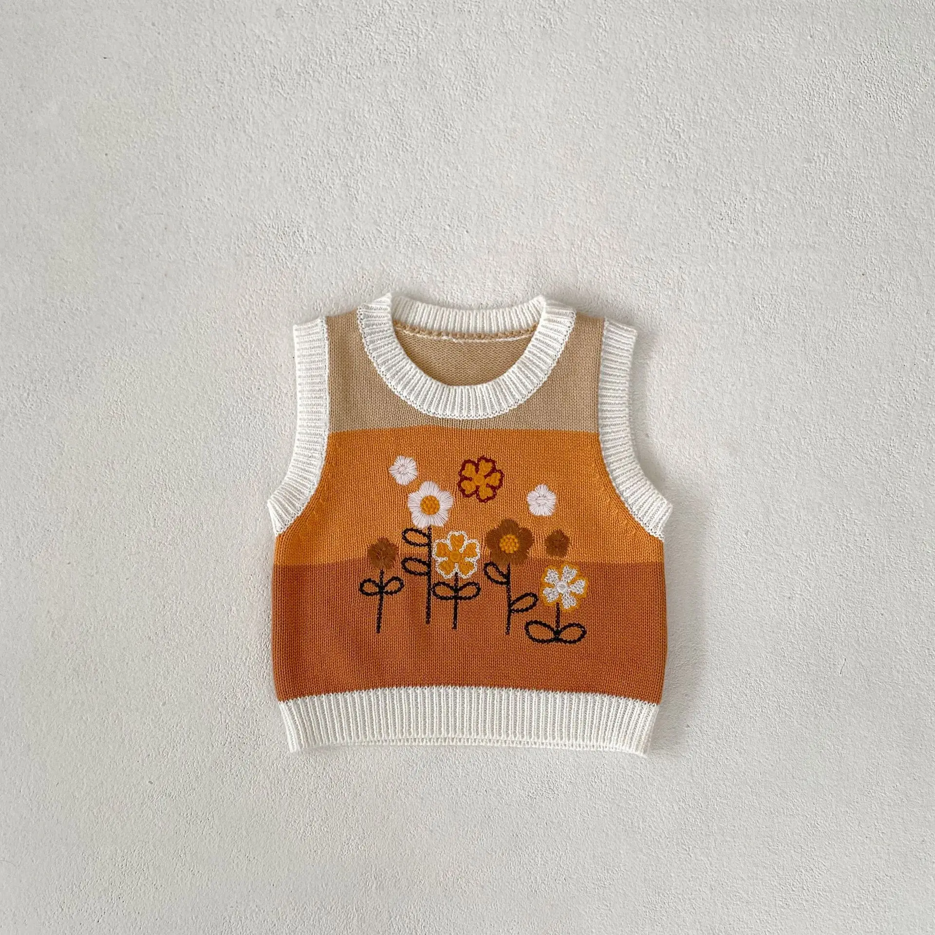 

Autumn Embroidery Flower Baby Vest Boy Girl Striped Knit Sleeveless Pullover Tops Cotton Kid Casual Waistcoat Children Clothes