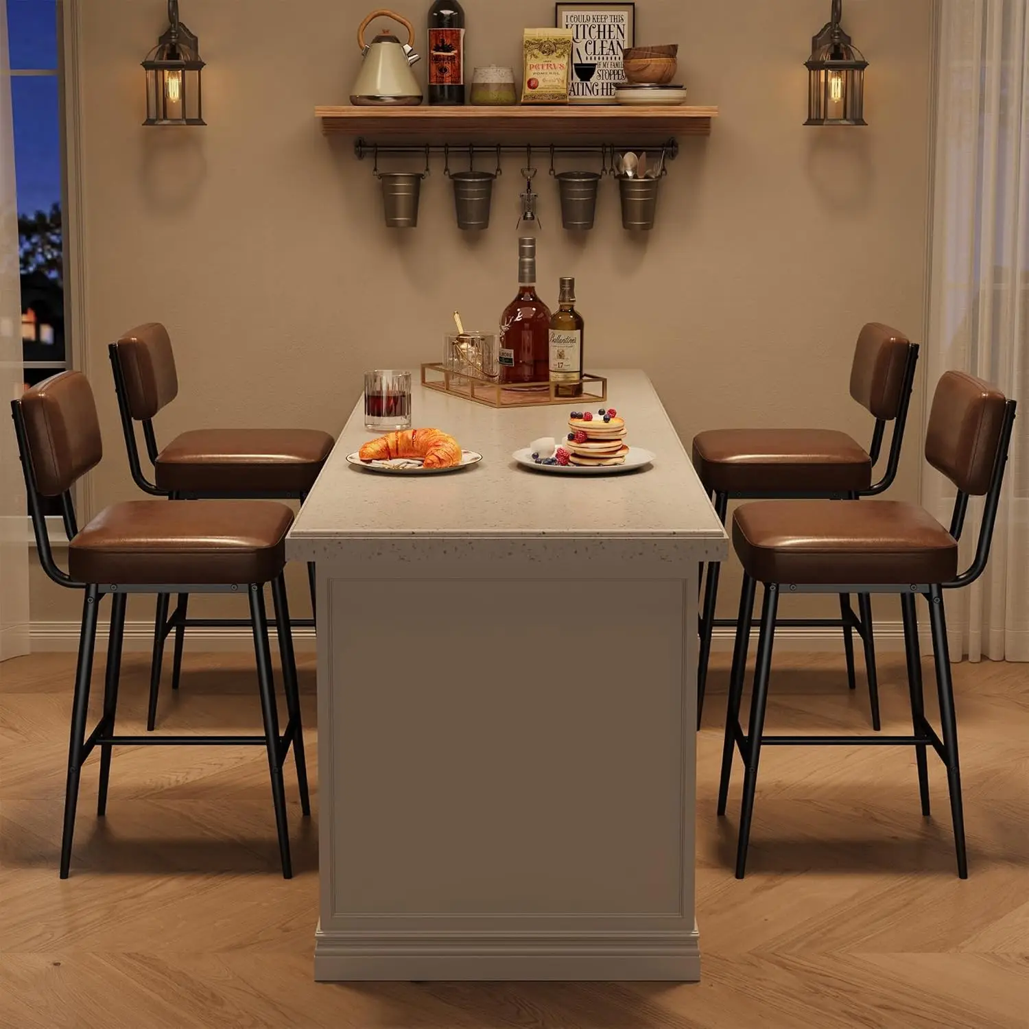 2 Pcs Bar Stools,Faux Leather Counter Height Bar Stool with Back, Metal Legs, Upholstered Barstool Chairs for Island,Counter Bar