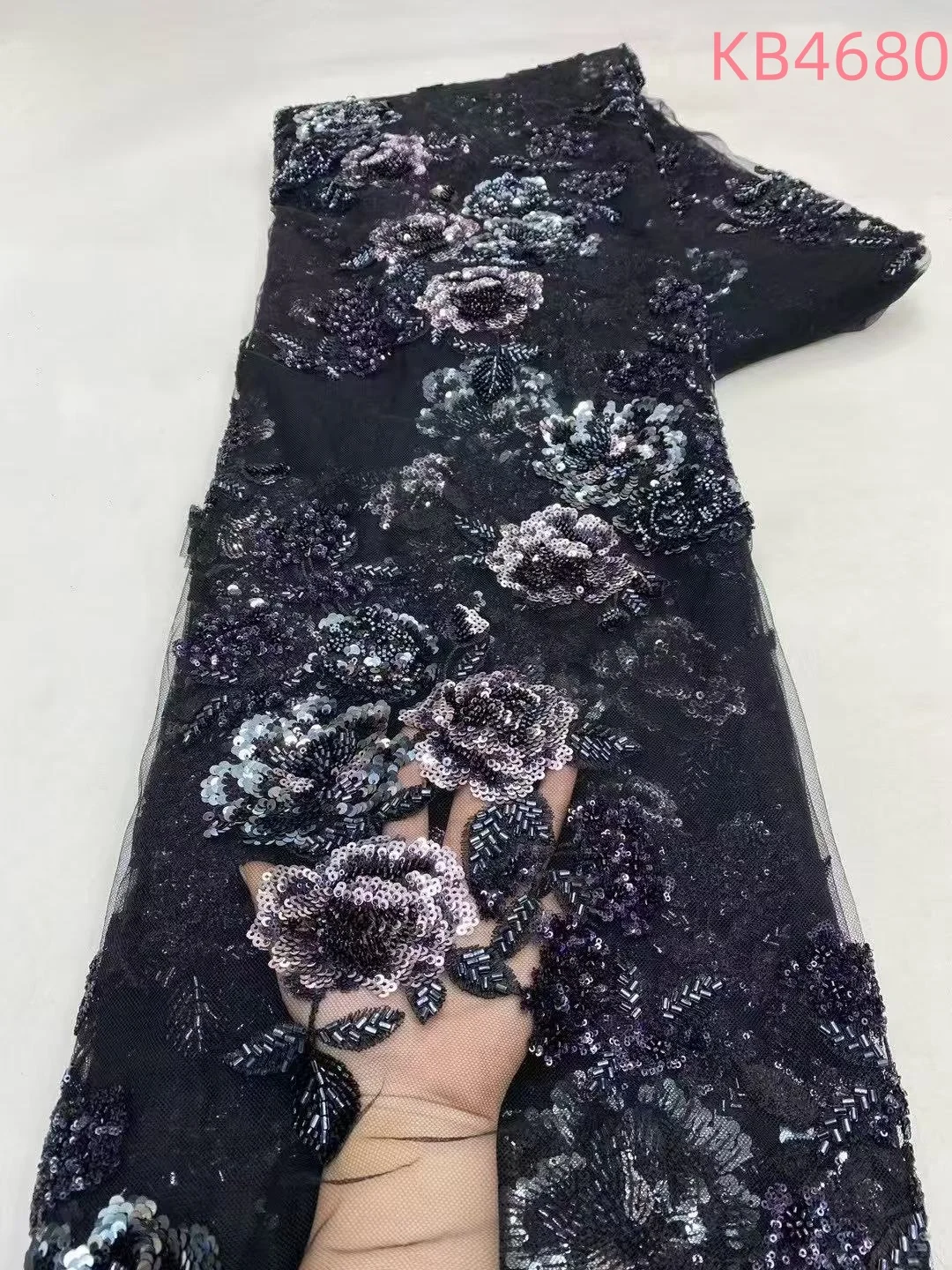 スパンコールチュールレースアフリカレース生地5ヤード高品質2025スカイブルービーズ付きフランスメッシュ、縫製用キラキラ装飾付きKB4680