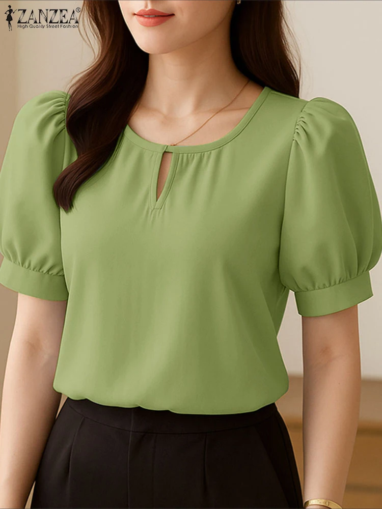 ZANZEA Koreaanse Mode Blouses Vrouwen 2025, Zomer Casual Uitsparing O-hals Korte Bladerdeeg Mouw Blusas Mujer Dagelijks Dragen Effen Tops