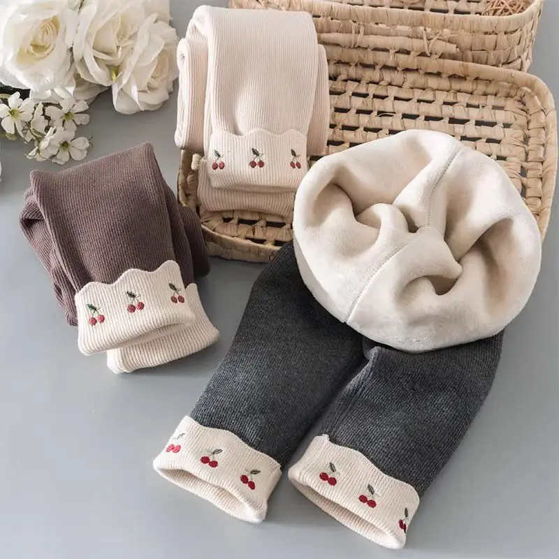 2026 New Autumn Winter Kids Leggings Children Cute Embroidered Cherry Render Pants Kids Pit Strip Fleece Padded Bell-bottoms
