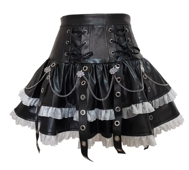 2025 estilo japonês Spice Girl subcultura punk escuro harajuku saia de couro cinta renda cintura alta uma linha saia de bolo fino