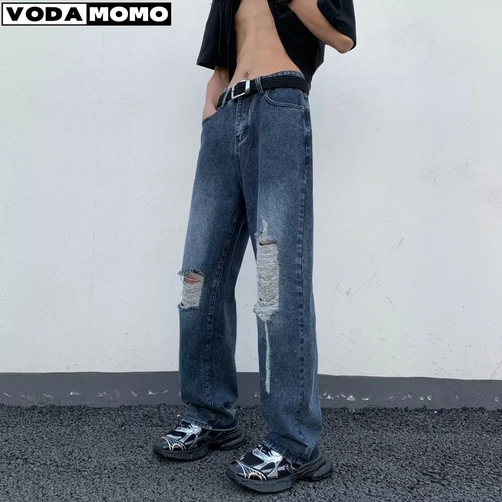 

Perforated Jeans Overalls Men's Spring Summer Style Korean Version Loose Old Straight Mop Casual Pants Men mens pants y2k