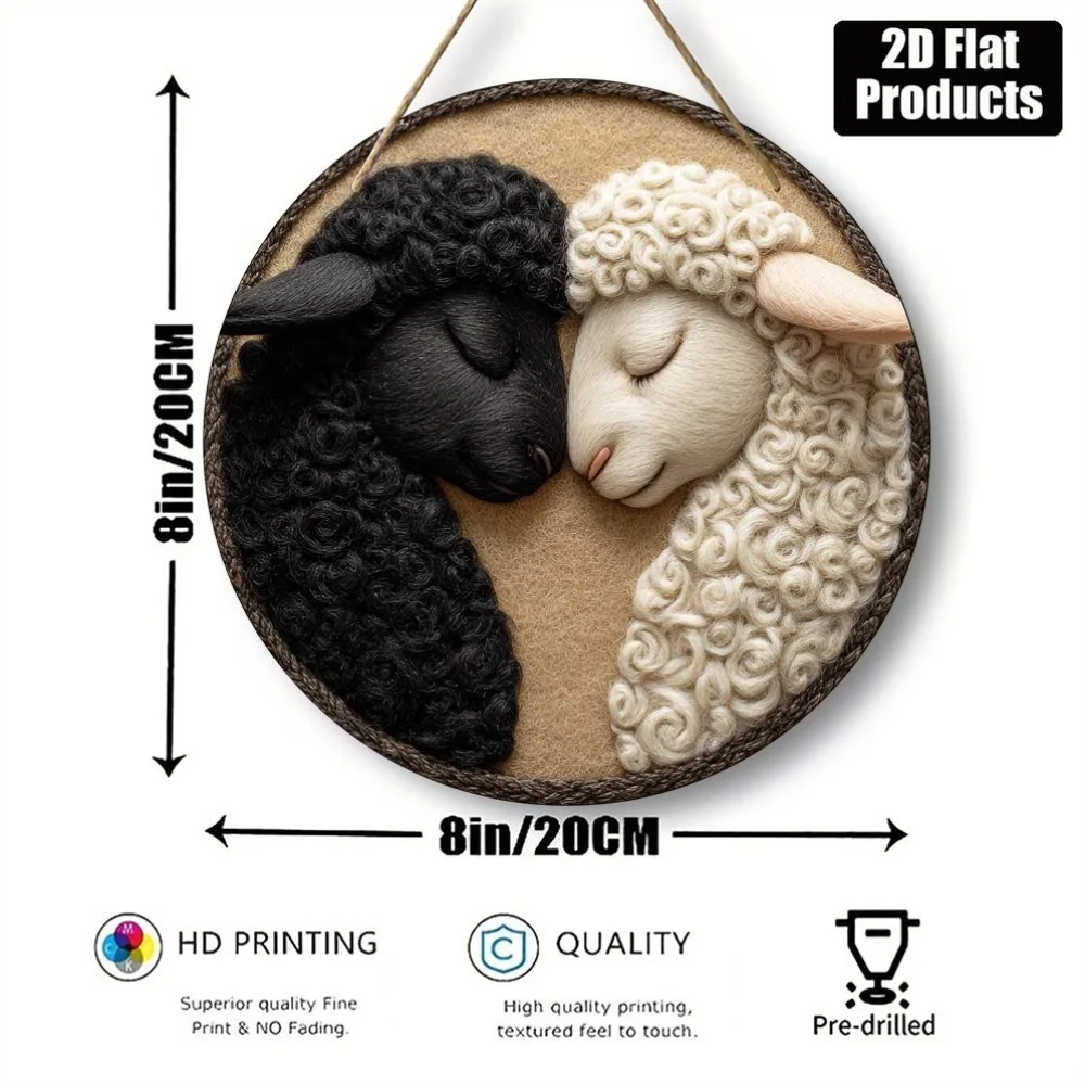 2D Flat - A Round Wooden Decorative Sign Featuring a Theme of Two Sheep, Suitable for Decorating Bars, Kitchens, Cafes, Living R