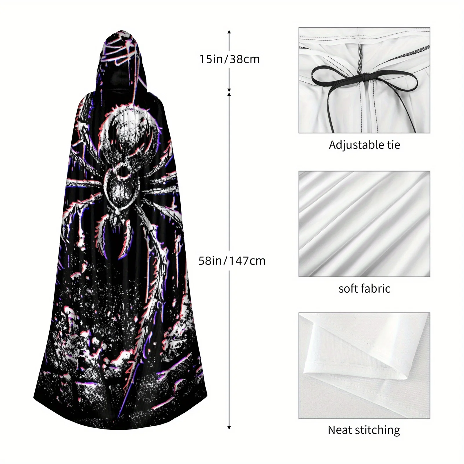 Vintage Gothic Spider Hooded Cape for Adults - Black with Purple & Blue Web Design, Machine Washable, Perfect for Horror