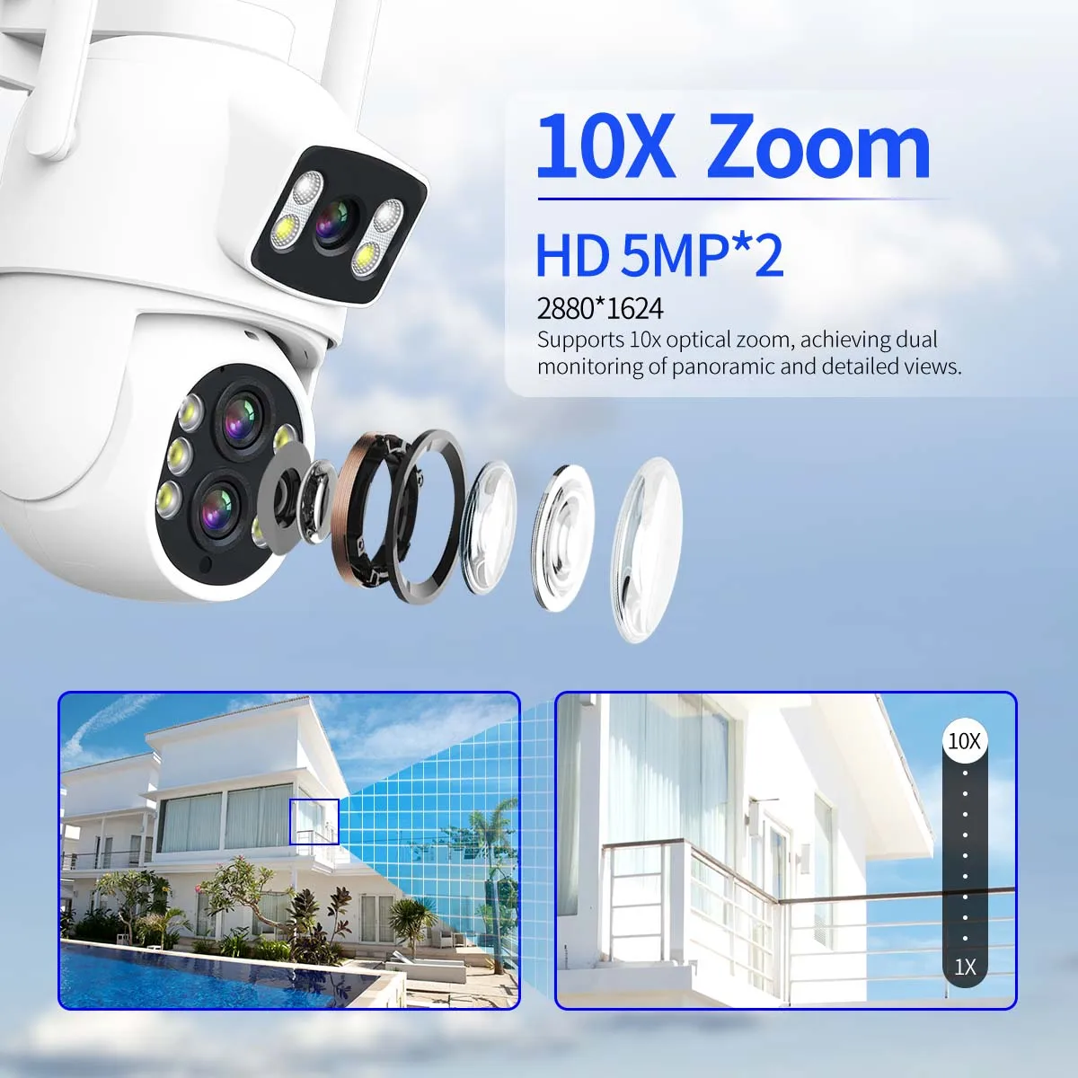 10MP 10X Optical Zoom Outdoor WiFi Camera Three Lens Dual Screens Auto Tracking Security Protection Surveillance CCTV Camera