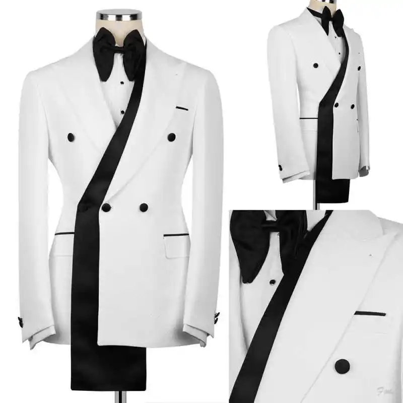 

Classic Peak Lapel Double Breasted Satin Trim Men Tuxedo White For Groom All Season Custom Made Plus Size M263636