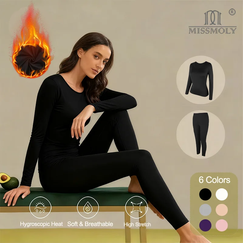 Miss Moly Women's Thermal Underwear Set Winter Round Neck Thermals Tops Ladies Soft Long Johns 2 Pieces High Stretch Sets