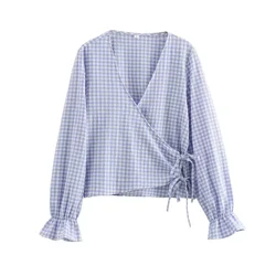 Autumn new women's checkered double breasted V-neck flared long sleeved one-piece lace up slim fit shirt