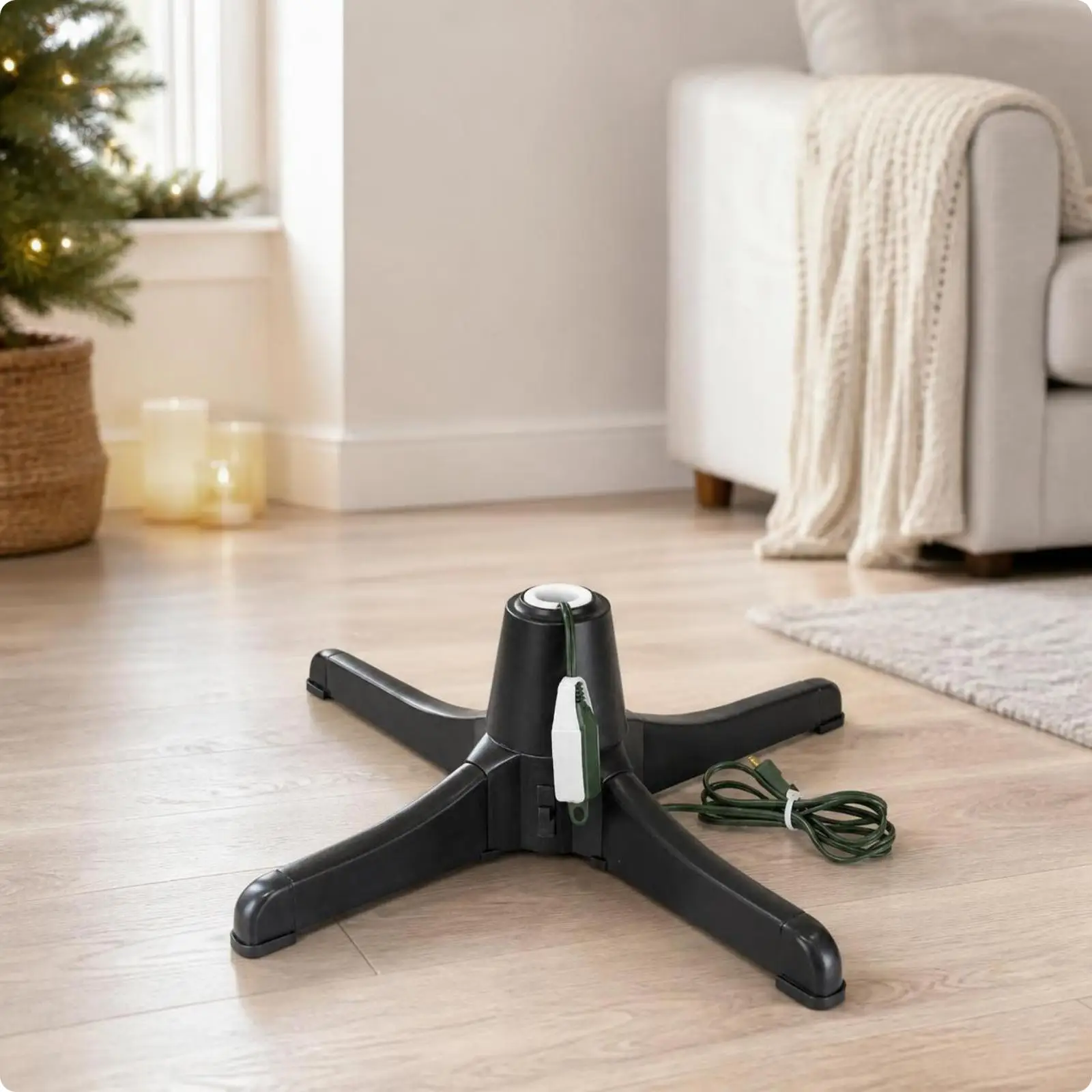 Plastic Rotating Christmas Tree Stand with Built in Power Cord and Adapters for 22.2mm Trunk Sizes Up to 80lbs