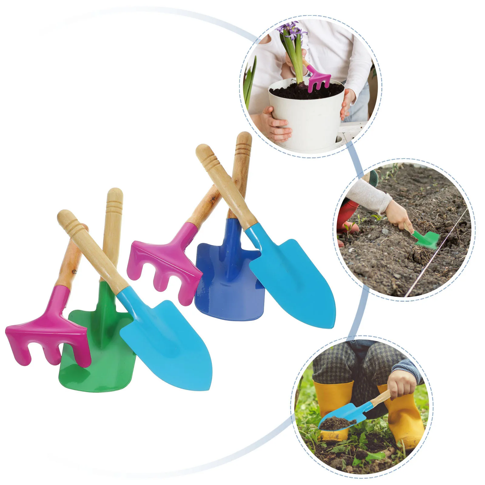 6 قطعة مجموعة أدوات حديقة الأطفال صديقة للبيئة مجرفة أشعل النار مجرفة مقبض خشبي ألوان زاهية الأطفال البستنة الخشب حديقة أداة #3