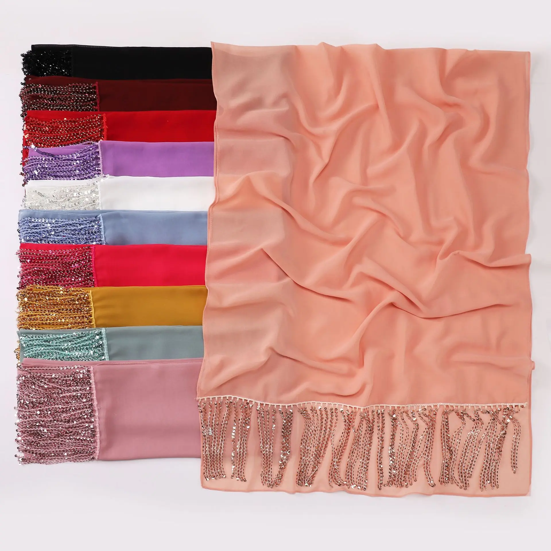 

Шифоновые хиджабы с кисточками и бриллиантами для женщин, шарф, платок, мусульманская шаль, шарфы, женский хиджаб, Рамадан, тюрбаны Femme 190*70 см