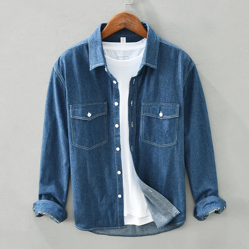 

Loose Casual Long Sleeve Denim Shirt Men's Outerwear Spring Autumn Japanese Style Retro Workwear Jacket Classic Windsor Collar