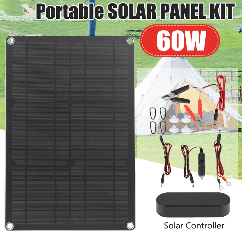 

60W 18V Solar Panel Kit Complete USB+DC Dual Output Monocrystalline Solar Cell With PWM Controller Outdoor Charger for Camping