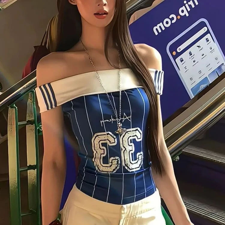 American Style Spicy Girl Color Block Print One Shoulder Short Sleeve Women's Spring Summer Design Sporty Short T-Shirt