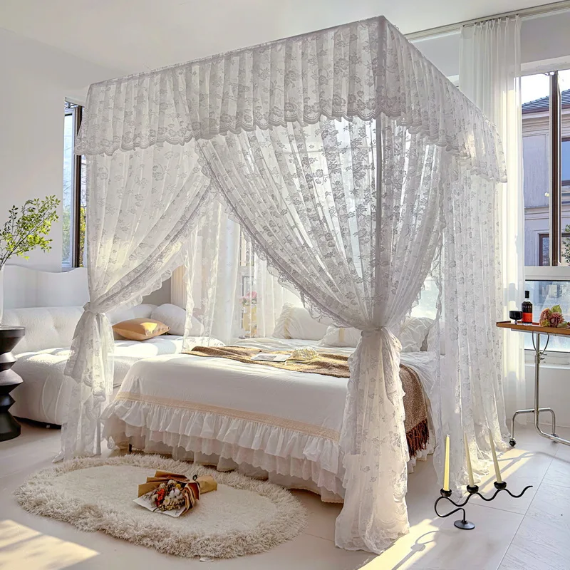 

French Lace Mosquito Net Home Use, Floor-Standing Style Three-Door Princess Bedroom Canopy Bed Mosquito Net