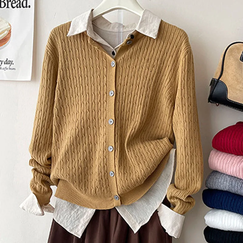 

Knitted Sweater Women Cardigans New Long Sleeve O-Neck White Knit Sweater Cardigan Women Tops Knitwears Sueters De Mujer Q993