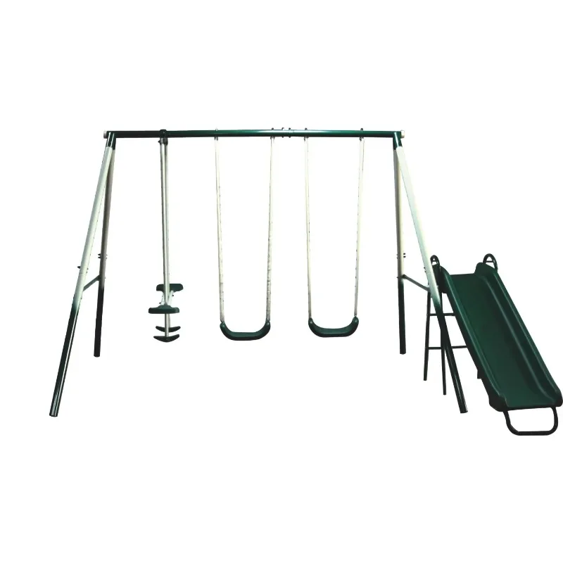 Four-stop outdoor swing and slide set