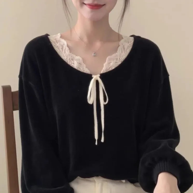 Women's Black Long Sleeve Blouse Lace Trim Tie Neck Top Casual Soft Daily Wear Shirt