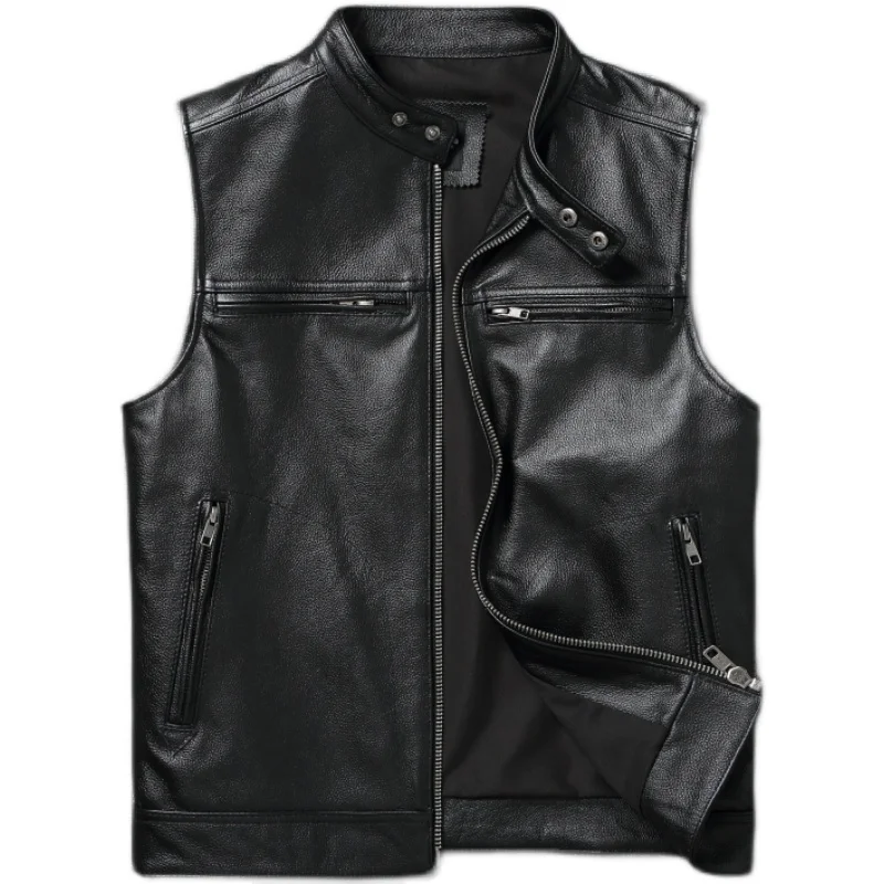 Motorcycle Jakect Leather Vest Men's Leather Jacket Sleeveless Leather Jacket Punk Style Stand-up Collar Metal Zipper