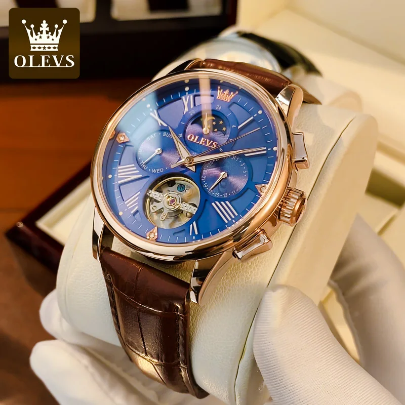 OLEVS 6658 Classic Watch for Men Original Leather Strap Tourbillon Design Moon phase Waterproof Male Wristwathes