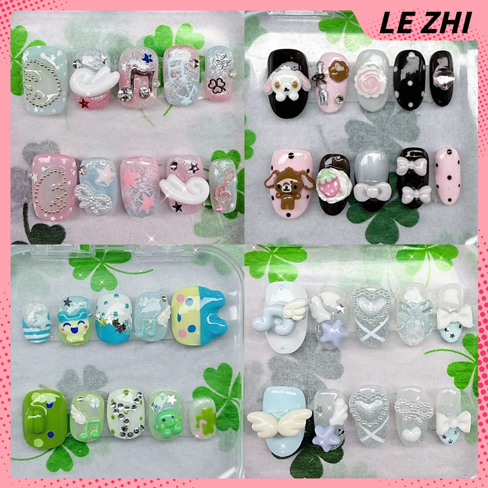 

Kawaii Cartoon Anime Rilakkuma Handmade Nail Party Sticker 3D Four Leaf Clover Bowknot Pearl Diamond Reusable Fake Nails Gift